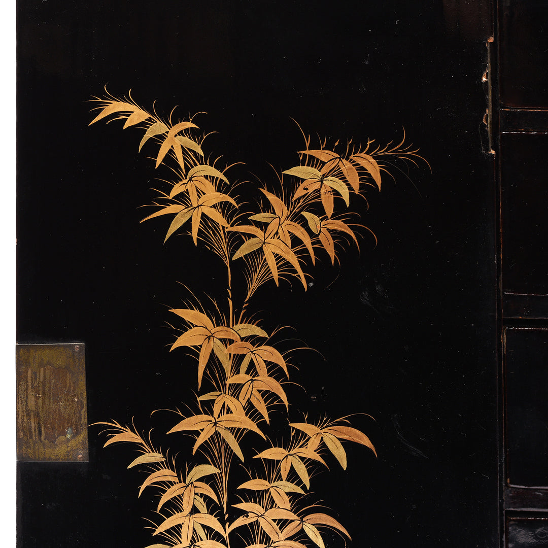 Detail From Antique Gilt Black Lacquer Chinoiserie Export Jewellery Cabinet - 18th Century | Indigo Antiques