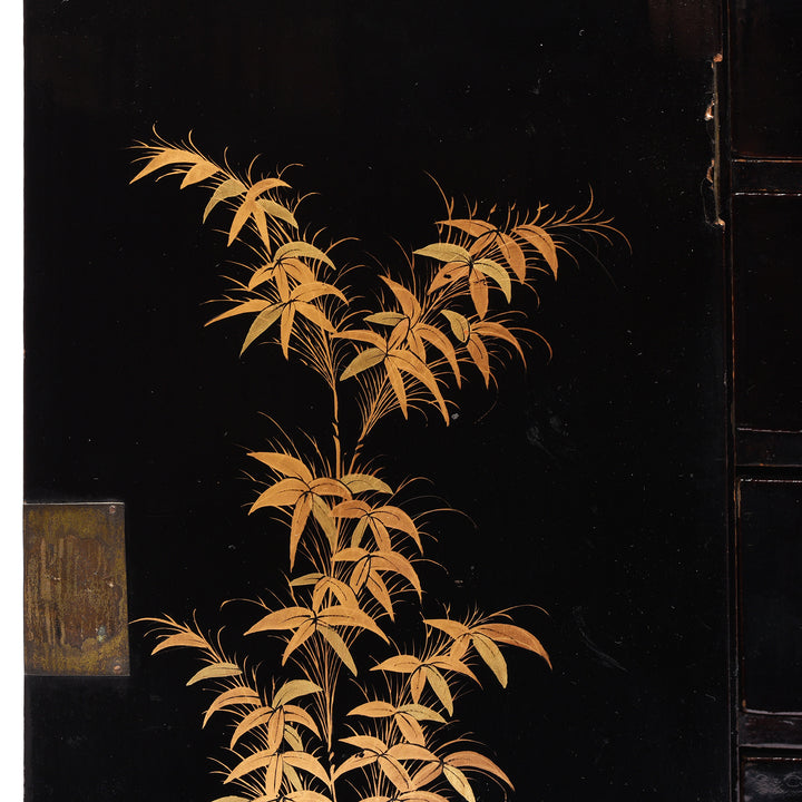 Detail From Antique Gilt Black Lacquer Chinoiserie Export Jewellery Cabinet - 18th Century | Indigo Antiques