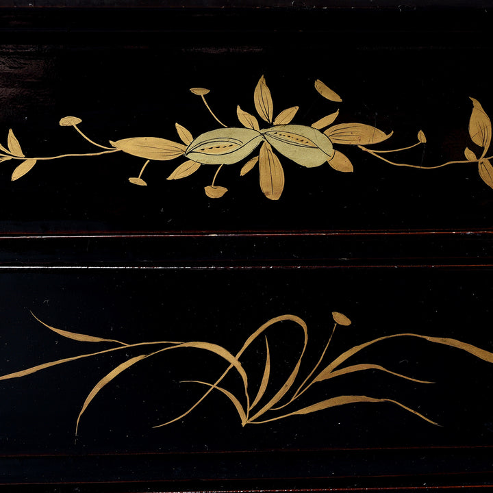 Detail From Antique Gilt Black Lacquer Chinoiserie Export Jewellery Cabinet - 18th Century | Indigo Antiques