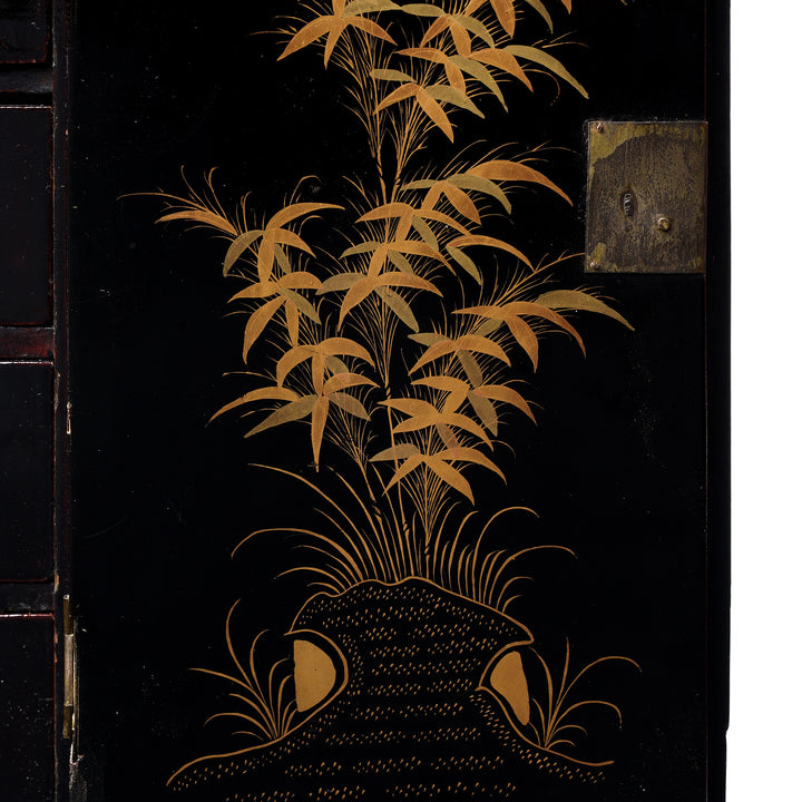 Detail From Antique Gilt Black Lacquer Chinoiserie Export Jewellery Cabinet - 18th Century | Indigo Antiques