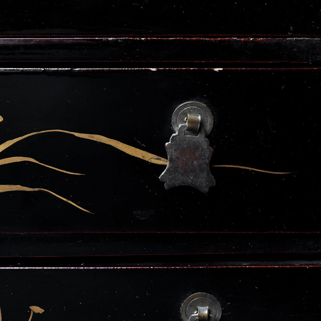 Handle Detail From Antique Gilt Black Lacquer Chinoiserie Export Jewellery Cabinet - 18th Century | Indigo Antiques