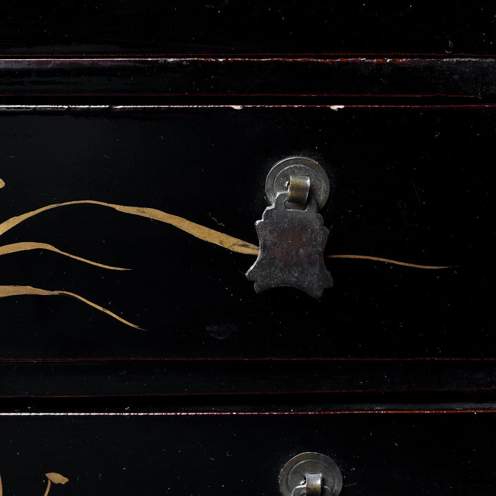 Handle Detail From Antique Gilt Black Lacquer Chinoiserie Export Jewellery Cabinet - 18th Century | Indigo Antiques
