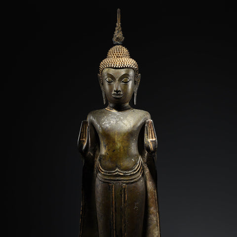 Large Gilt Bronze Thai Standing Ayutthaya Buddha - 18thC