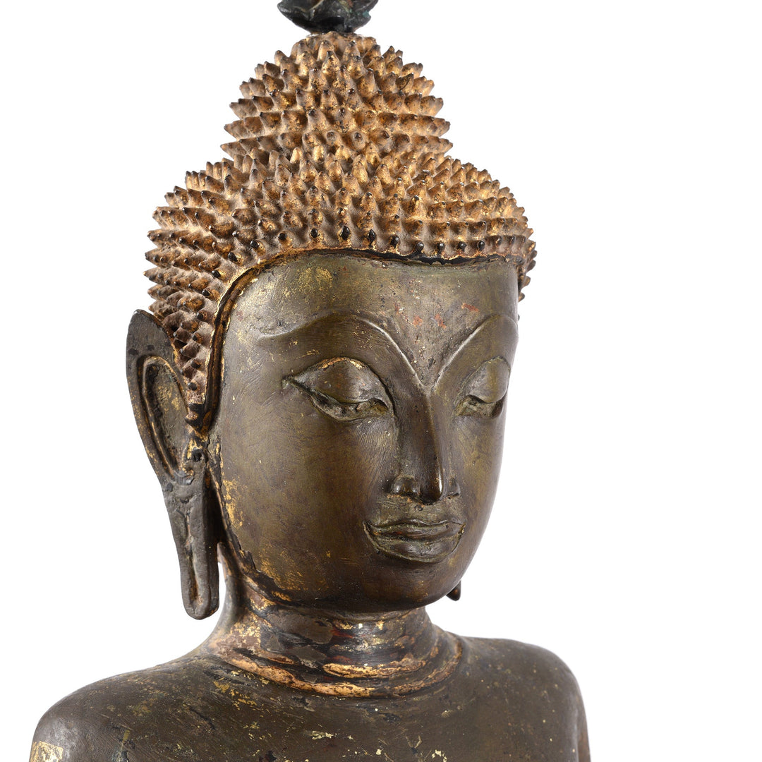Serene Lacquered Face of a Large Bronze Thai Standing Ayutthaya Buddha With Stretched Earlobes  | INDIGO ANTIQUES