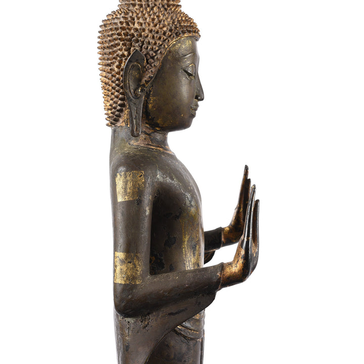 Wai Phra Buddhist Offerings on a Bronze Thai Standing Ayutthaya Buddha in Abhaya Mudra | INDIGO ANTIQUES