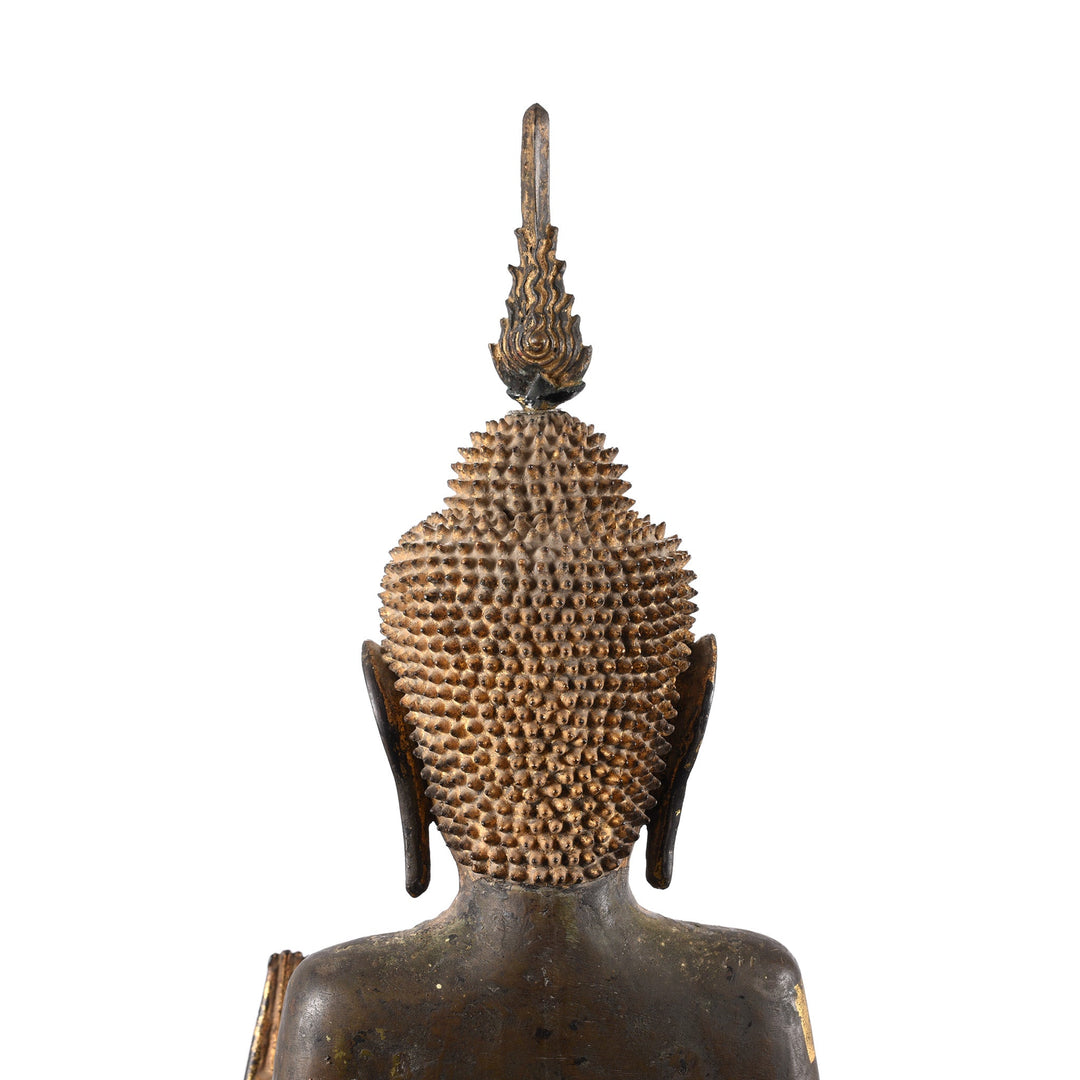 Back Of Head Detail From Antique Gilt Bronze Thai Standing Buddha - 18thC | INDIGO ANTIQUES