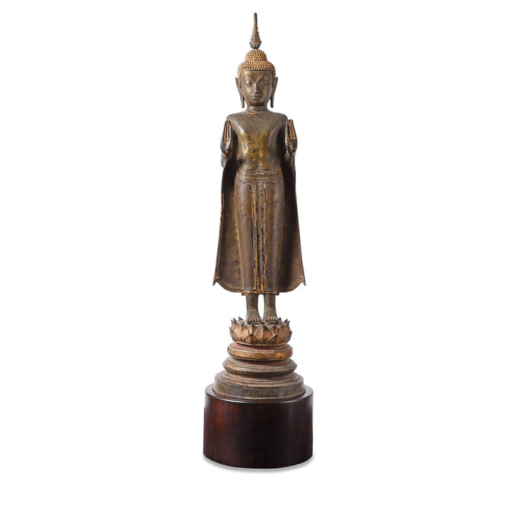 Antique Large Bronze Thai Standing Ayutthaya Buddha in Abhaya Mudra On a Lotus Base  | INDIGO ANTIQUES