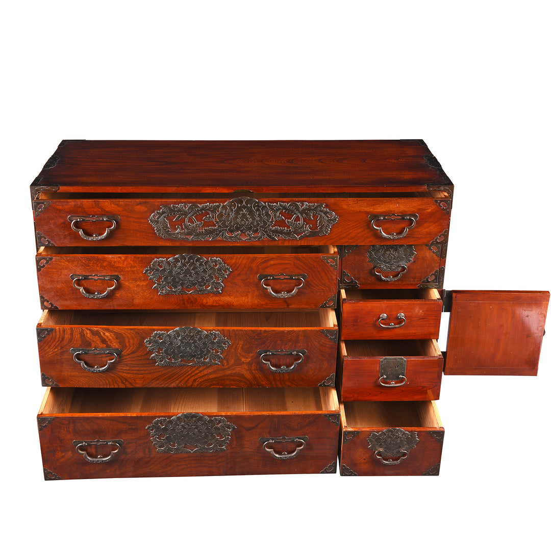 Open Drawer View Of Antique Keyaki Kasane Dansu from Sendai Province, Japan - Late 19thC (Meiji) | Indigo Antiques