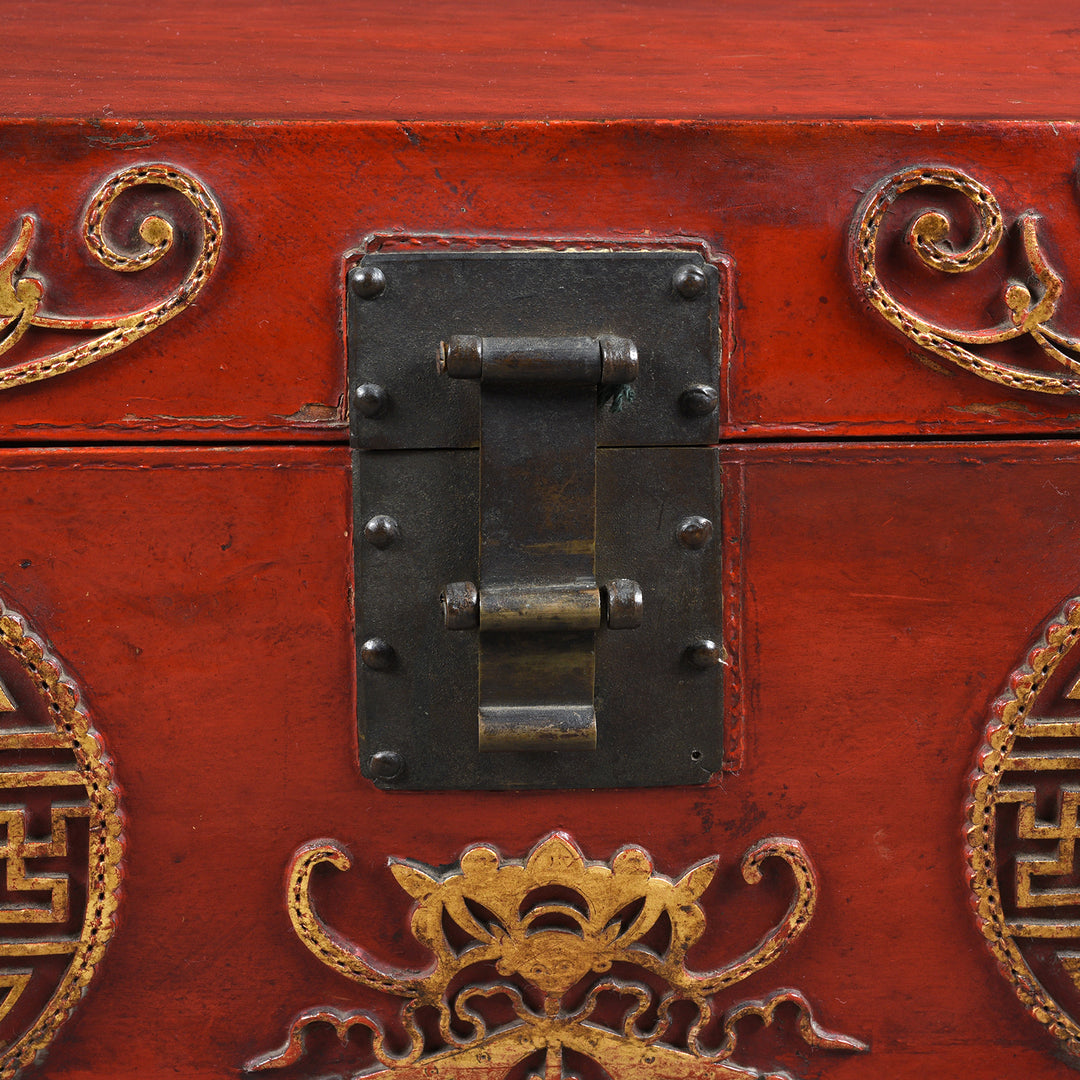 Latch Detail From Antique Red Leather Parcel Gilt Trunk from Shanghai - 19th Century | Indigo Antiques