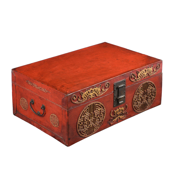 Antique Angled VIew Of Antique Red Leather Parcel Gilt Trunk from Shanghai - 19th Century | Indigo Antiques