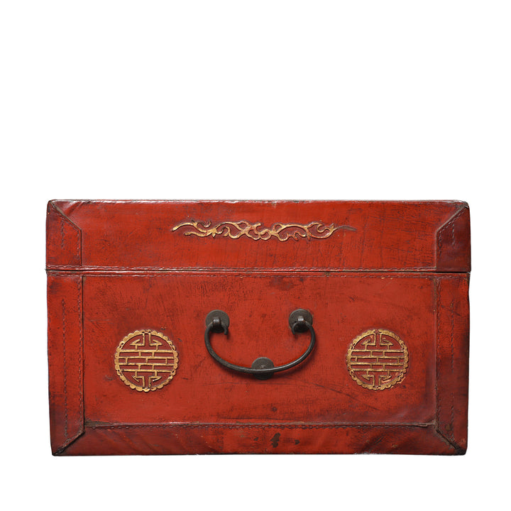 End View Of Antique Red Leather Parcel Gilt Trunk from Shanghai - 19th Century | Indigo Antiques