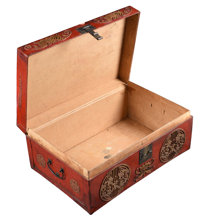 Interior Of Antique Red Leather Parcel Gilt Trunk from Shanghai - 19th Century | Indigo Antiques