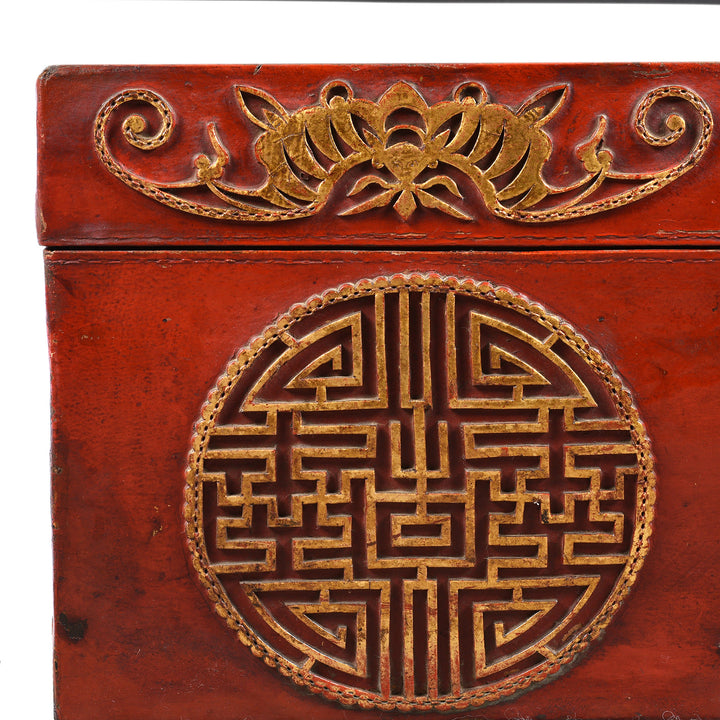 Antique Chinese Bat & Shou Symbol on a Red Leather Parcel Gilt Trunk from Shanghai - 19th Century | Indigo Antiques