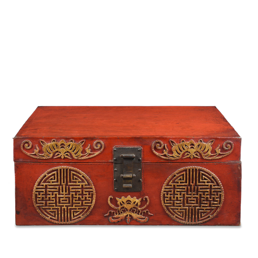 Antique Chinese Red Leather Parcel Gilt Trunk from Shanghai - 19th Century | Indigo Antiques
