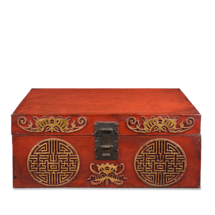 Antique Chinese Red Leather Parcel Gilt Trunk from Shanghai - 19th Century | Indigo Antiques