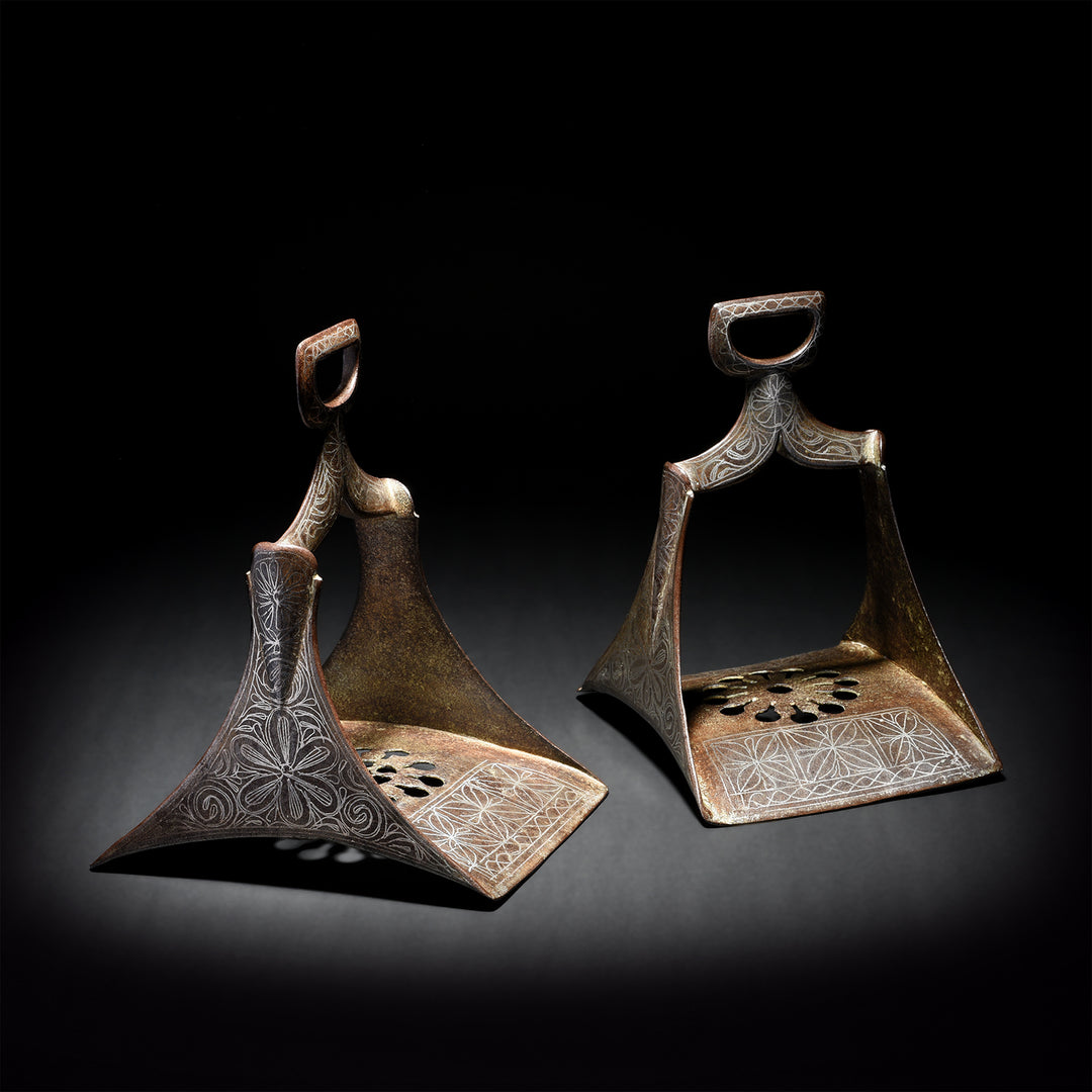 Indo-Persian Silver Inlaid Damascened Steel Stirrups - 19th Century