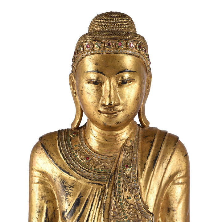 Frontal View Of Gilded Teak Burmese Standing Buddha - Early 20thC | Indigo Antiques