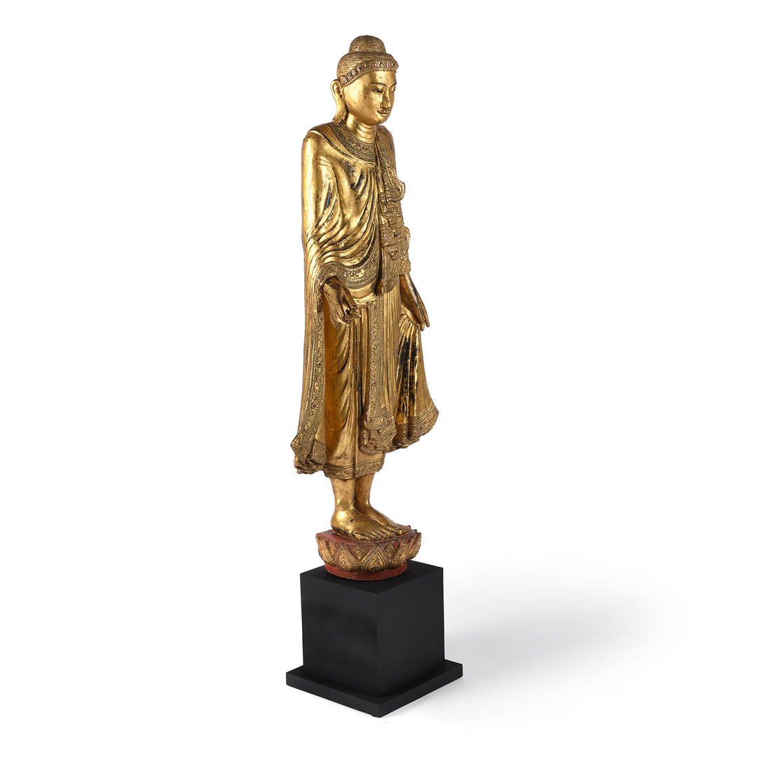 Angled View Of Gilded Teak Burmese Standing Buddha - Early 20thC | Indigo Antiques