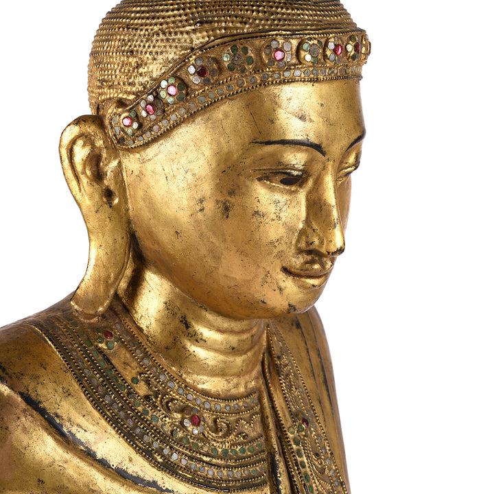 Angled Face Detail From Gilded Teak Burmese Standing Buddha - Early 20thC | Indigo Antiques