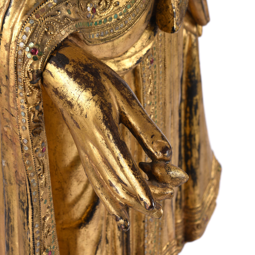 Hand With Bud Detail From Gilded Teak Burmese Standing Buddha - Early 20thC | Indigo Antiques