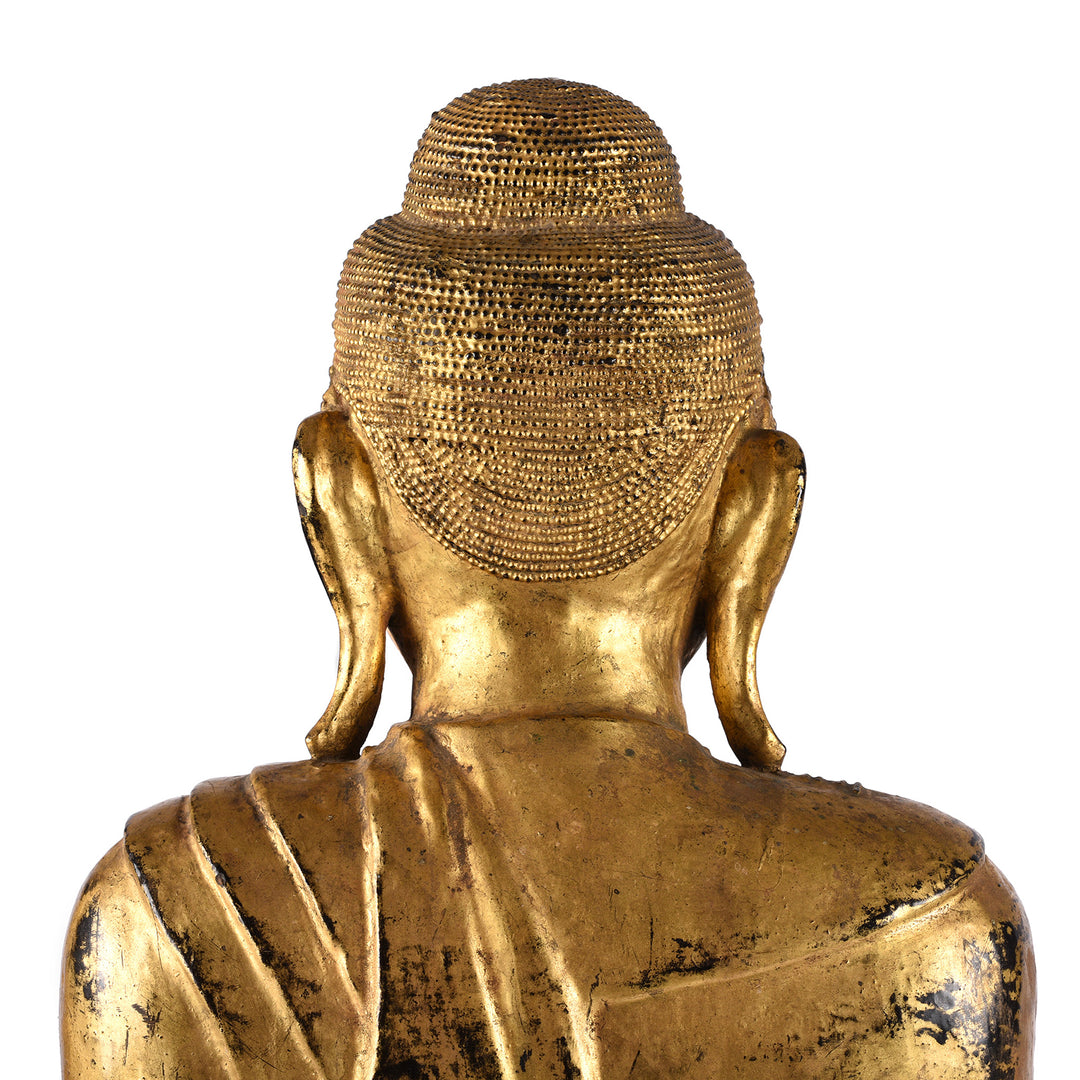 Head Detail From Gilded Teak Burmese Standing Buddha - Early 20thC | Indigo Antiques