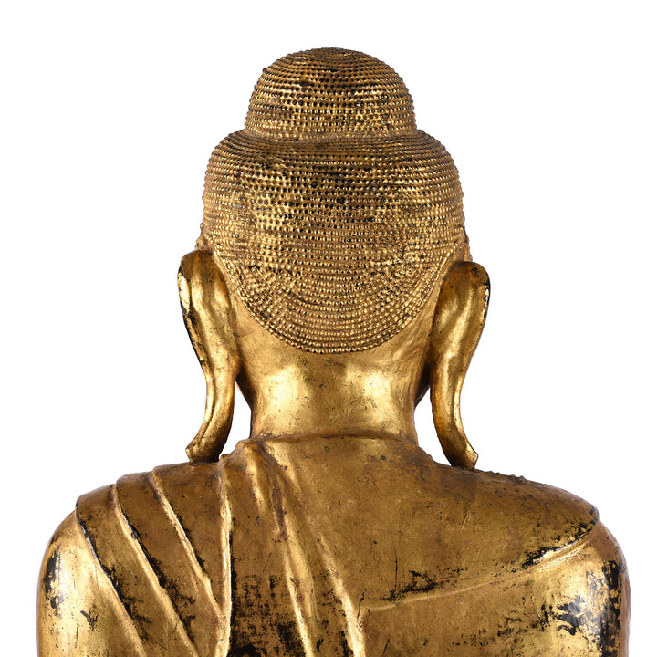 Head Detail From Gilded Teak Burmese Standing Buddha - Early 20thC | Indigo Antiques