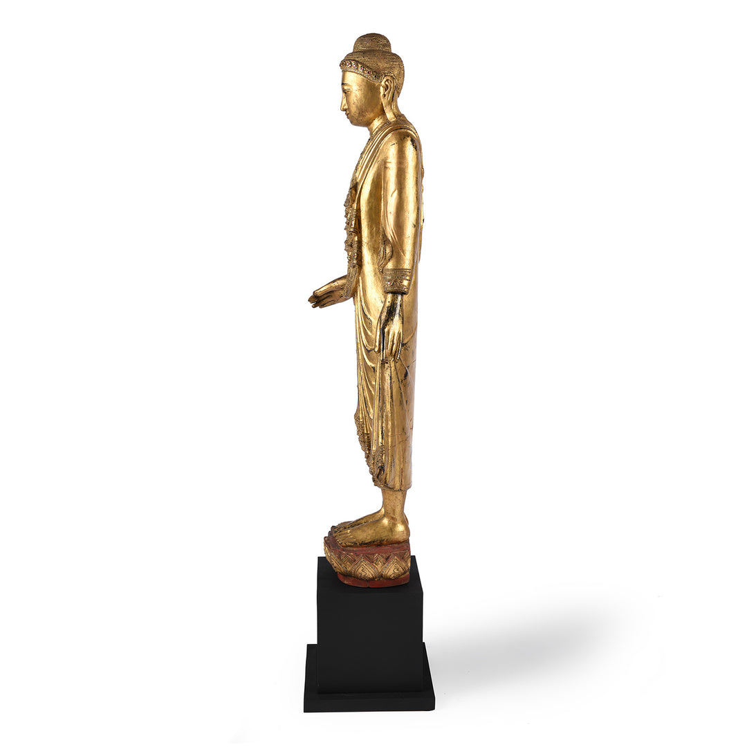 Profile View Of Gilded Teak Burmese Standing Buddha - Early 20thC | Indigo Antiques