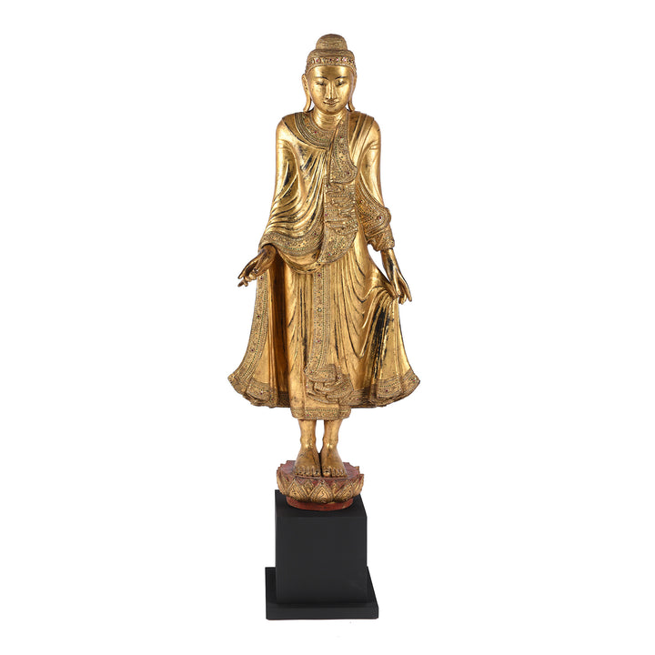 Frontal View Of Gilded Teak Burmese Standing Buddha - Early 20thC | Indigo Antiques