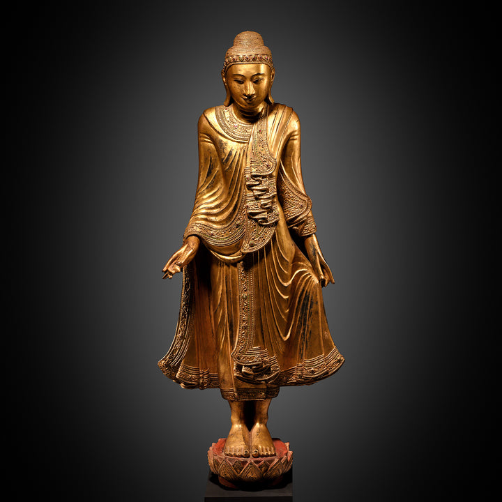 Gilded Teak Burmese Standing Buddha - Early 20thC | Indigo Antiques