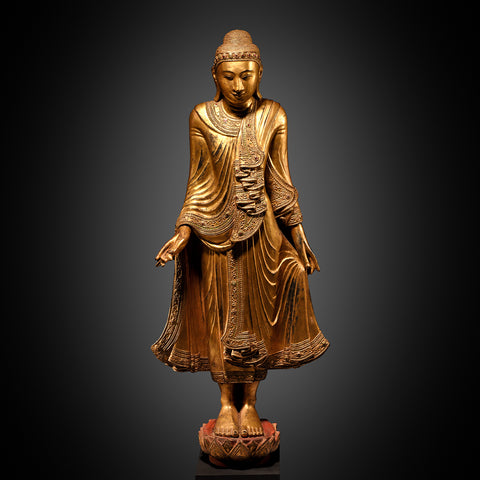 Gilded Teak Standing Mandalay Buddha - Ca 1920