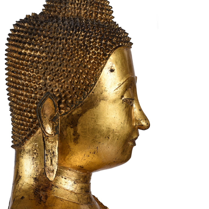 Face Profile Detail From Antique Thai Gilt Bronze Rattanakosin Sitting Buddha Statue - 19th Century | Indigo Antiques