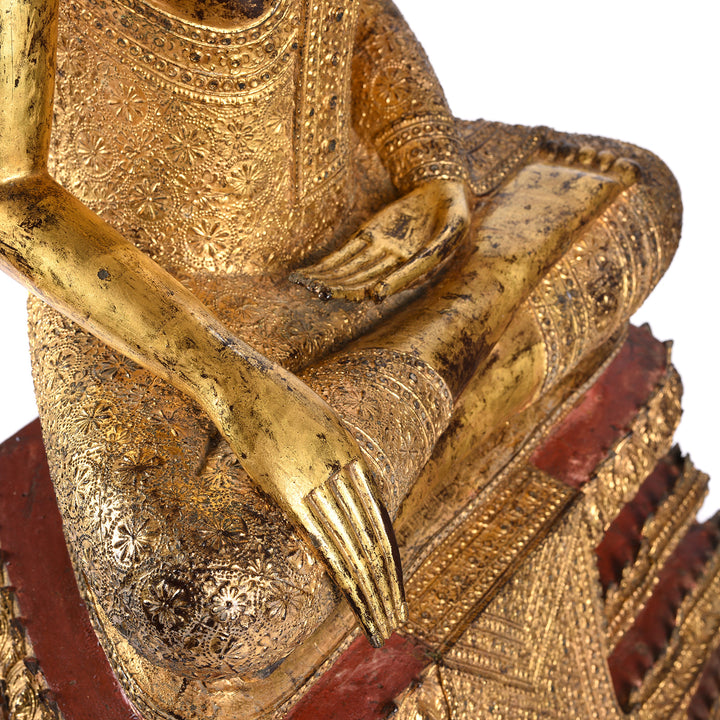 Hands Detail From Antique Thai Gilt Bronze Rattanakosin Sitting Buddha Statue - 19th Century | Indigo Antiques