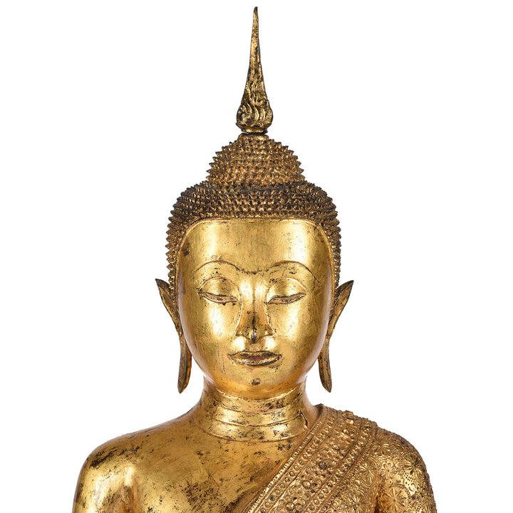 Face Detail From Antique Thai Gilt Bronze Rattanakosin Sitting Buddha Statue - 19th Century | Indigo Antiques