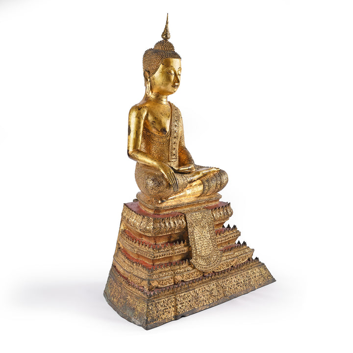 Angled View Of Antique Thai Gilt Bronze Rattanakosin Sitting Buddha Statue - 19th Century | Indigo Antiques