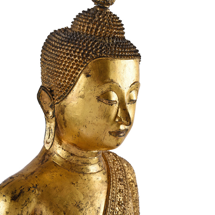 Face Detail From Antique Thai Gilt Bronze Rattanakosin Sitting Buddha Statue - 19th Century | Indigo Antiques