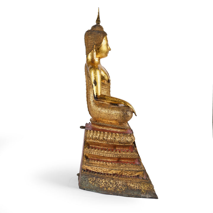 Profile View Of Antique Thai Gilt Bronze Rattanakosin Sitting Buddha Statue - 19th Century | Indigo Antiques