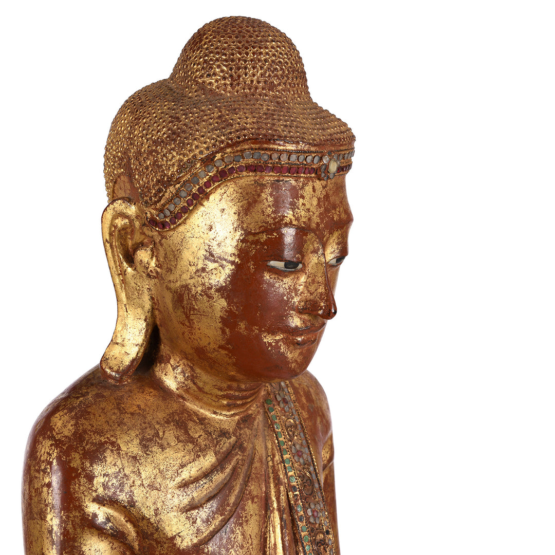 Face Detail of Antique Gilded Teak Standing Mandalay Buddha - Late 19th century | Indigo Antiques