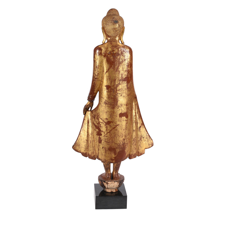 Back detail of an Antique Gilded Teak Standing Mandalay Buddha - Late 19th century | Indigo Antiques