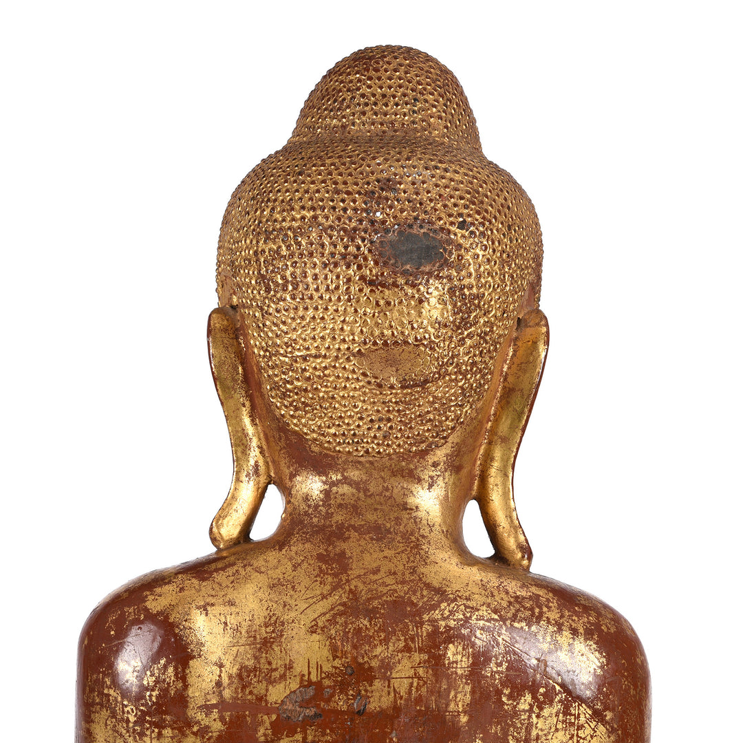 Head detail of an Antique Gilded Teak Standing Mandalay Buddha - Late 19th century | Indigo Antiques