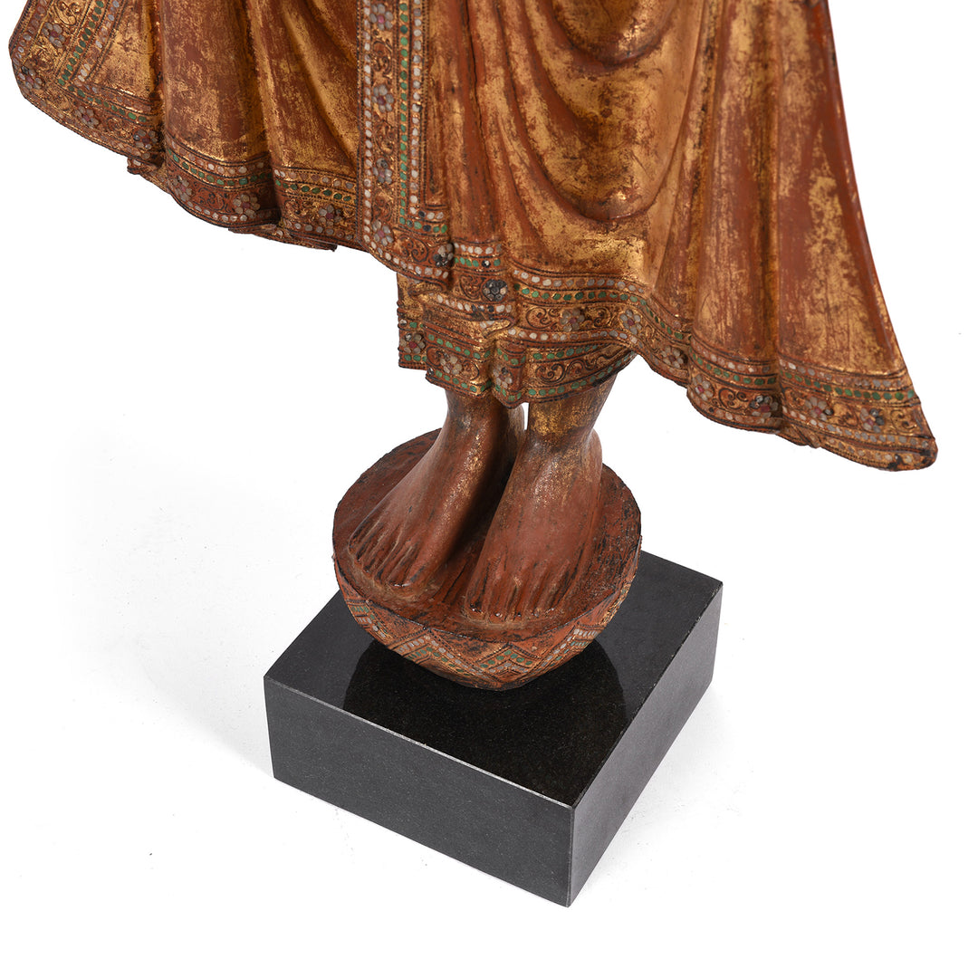 Feet Detail of an Antique Gilded Teak Standing Mandalay Buddha - Late 19th century | Indigo Antiques