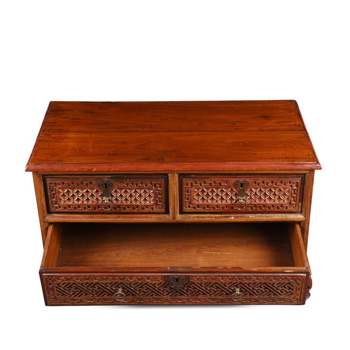 Open drawer detail of an Antique Painted Indonesian Madura Chest of Drawers | Indigo Antiques | Indigo Antiques
