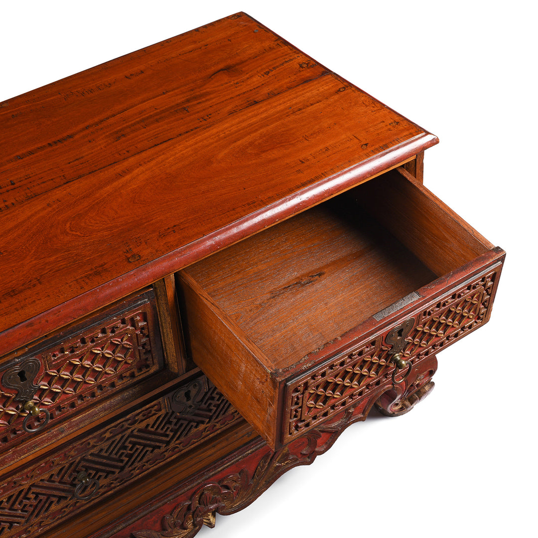 Open Drawer Detail From Antique Painted Indonesian Chest - 19th Century | Indigo Antiques