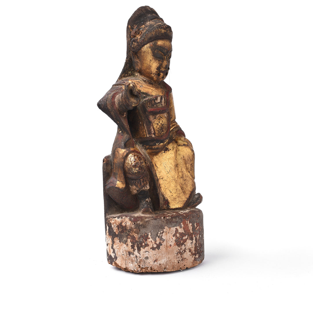 Angled View Of Face Detail From an Antique Chinese Qing Dynasty Guan Yu Figure - 18th Century Indigo Antiques