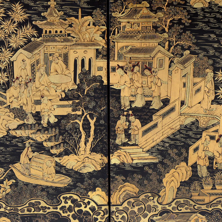 Cabinet front on a Gilt black lacquer Chinese export chinoiserie table cabinet. Antique & made in Canton. Similar to examples found in the Peabody Essex Museum. Exceptional quality | Indigo Antiques