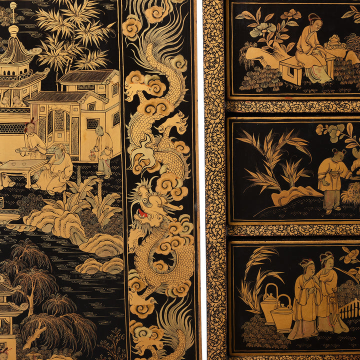 Gilt dragon detail from a Gilt black lacquer Chinese export chinoiserie table cabinet. Antique & made in Canton. Similar to examples found in the Peabody Essex Museum. Exceptional quality | Indigo Antiques