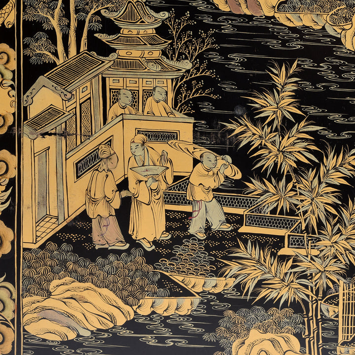 Chinese figure and painting detail from a Gilt black lacquer Chinese export chinoiserie table cabinet. Antique & made in Canton. Similar to examples found in the Peabody Essex Museum. Exceptional quality | Indigo Antiques