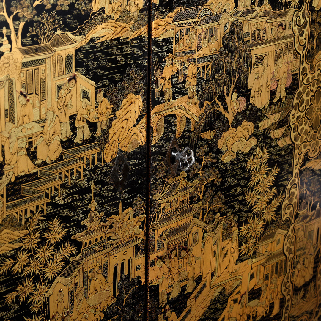Door and key detail from a Gilt black lacquer Chinese export chinoiserie table cabinet. Antique & made in Canton. Similar to examples found in the Peabody Essex Museum. Exceptional quality | Indigo Antiques
