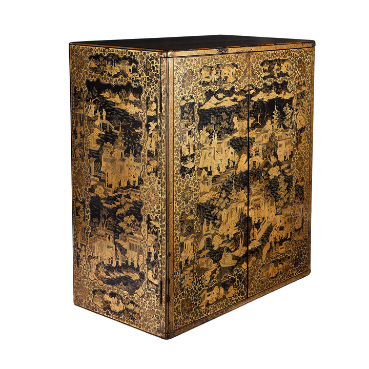 Side detail of an Gilt black lacquer Chinese export chinoiserie table cabinet. Antique & made in Canton. Similar to examples found in the Peabody Essex Museum. Exceptional quality | Indigo Antiques