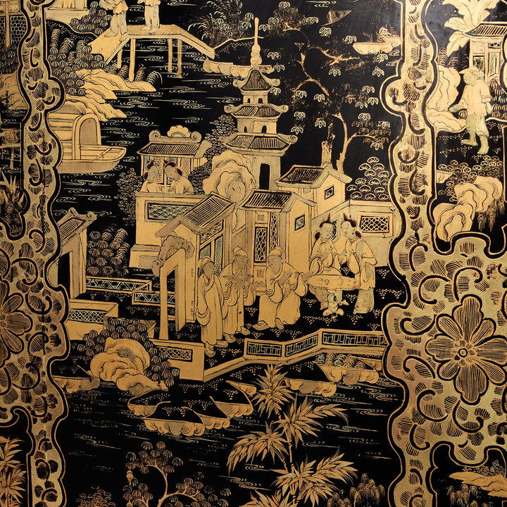 Building detail from a Gilt black lacquer Chinese export chinoiserie table cabinet. Antique & made in Canton. Similar to examples found in the Peabody Essex Museum. Exceptional quality | Indigo Antiques