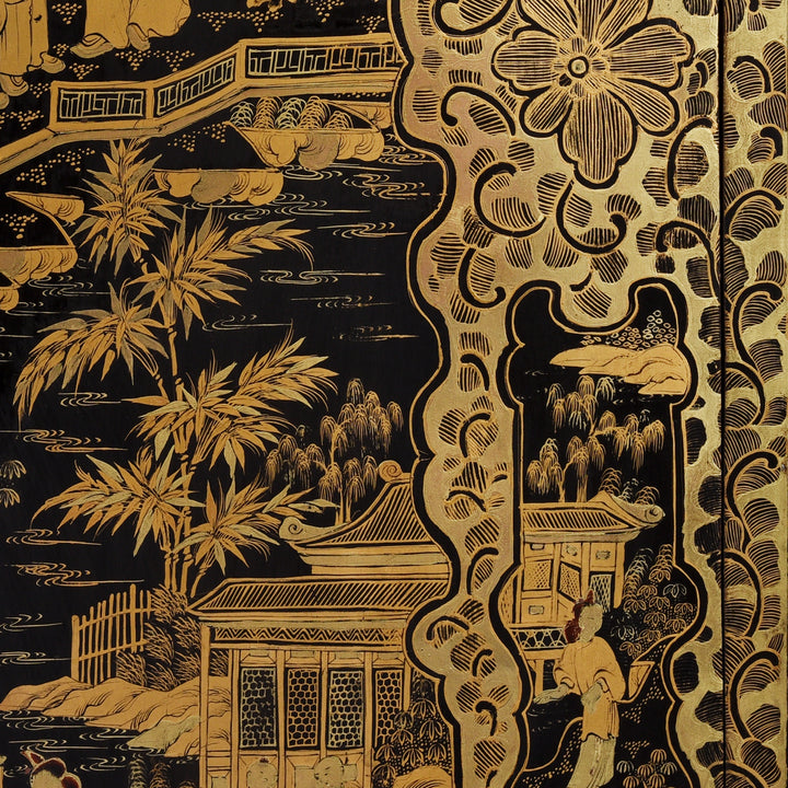 Bamboo tree detail from a Gilt black lacquer Chinese export chinoiserie table cabinet. Antique & made in Canton. Similar to examples found in the Peabody Essex Museum. Exceptional quality | Indigo Antiques